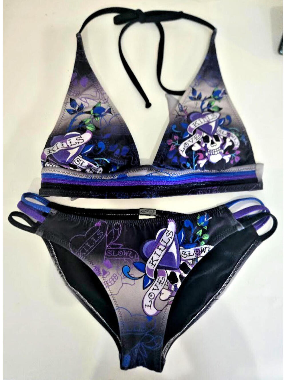Ed Hardy Women's Bikini Bathing Suit Love Kills Slowly RARE Y2K Vintage Lg EUC